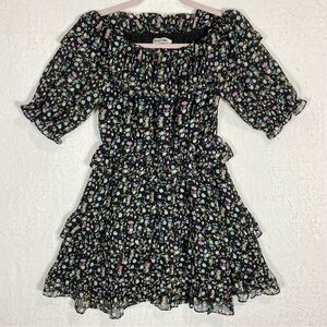 DO+BE Floral Mini Dress Size S Puff Sleeve Ruffle Hem Cottagecore Garden Party